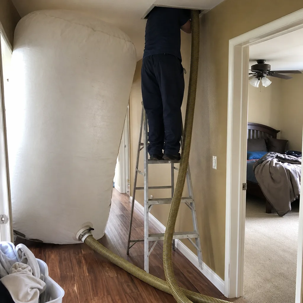 Technician performing residential air duct cleaning service with professional vacuum equipment