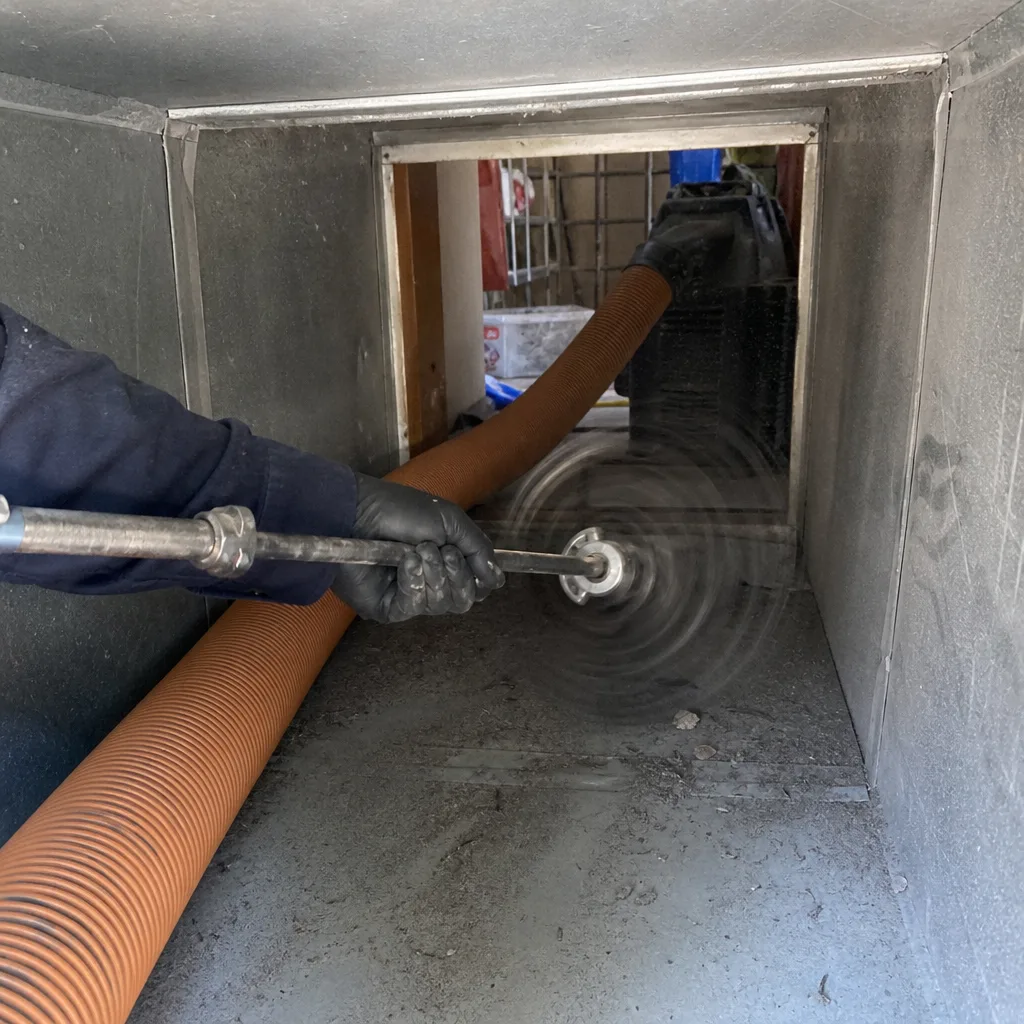 Technician using a rotating brush tool for professional air duct cleaning