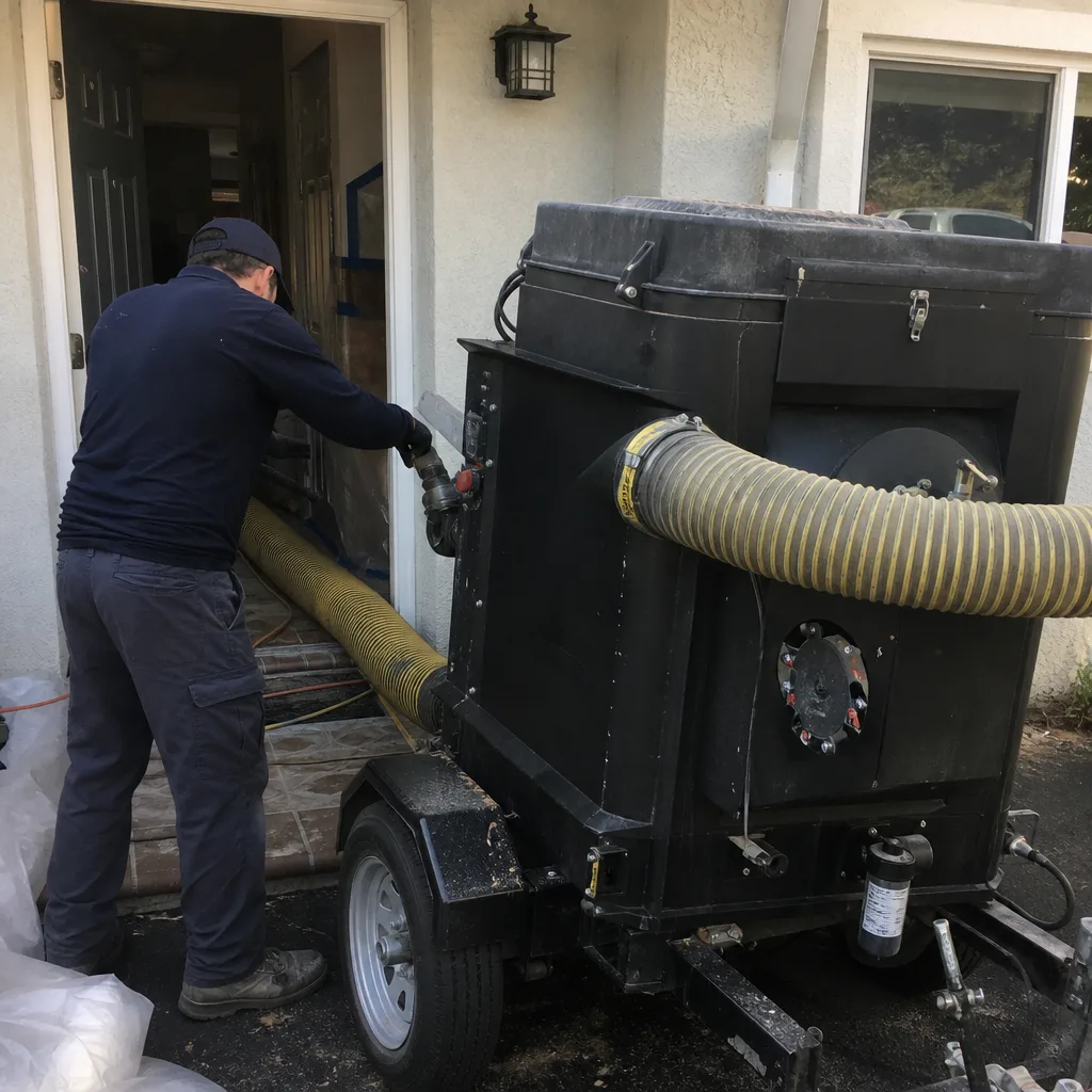 Technician operating a professional industrial air duct cleaning vacuum machine