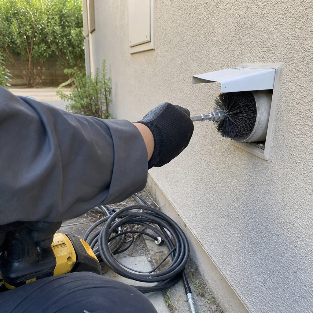 Technician using a rotating brush for professional dryer vent cleaning service